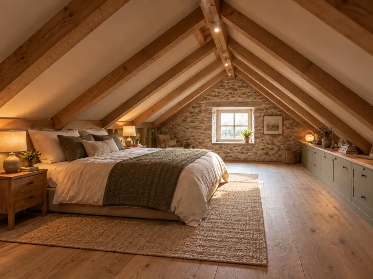 Inspiration de chambre aménagée sous la charpente de la maison de Pierre